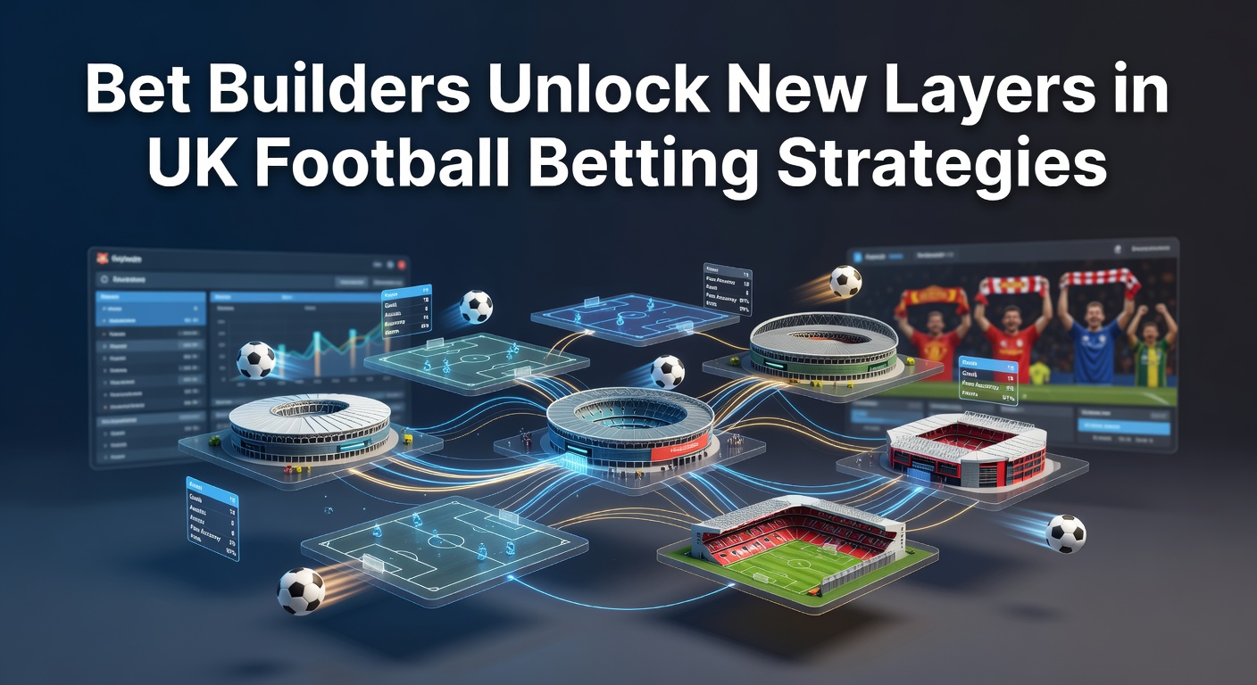 Digital interface showing a bet builder selection for a Premier League match, with options for goals, cards, and player stats layered together