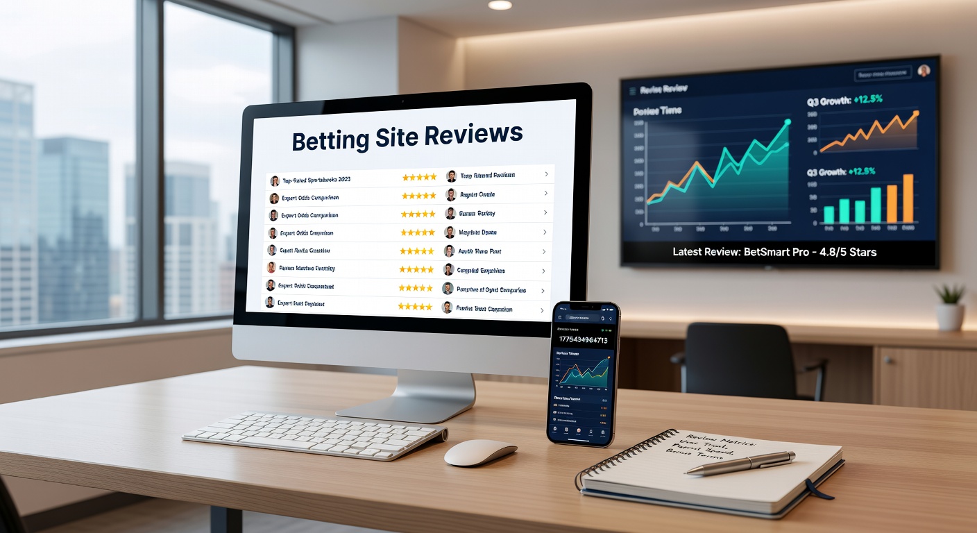 Close-up of a review dashboard comparing betting sites' ratings for odds, bonuses, and mobile performance