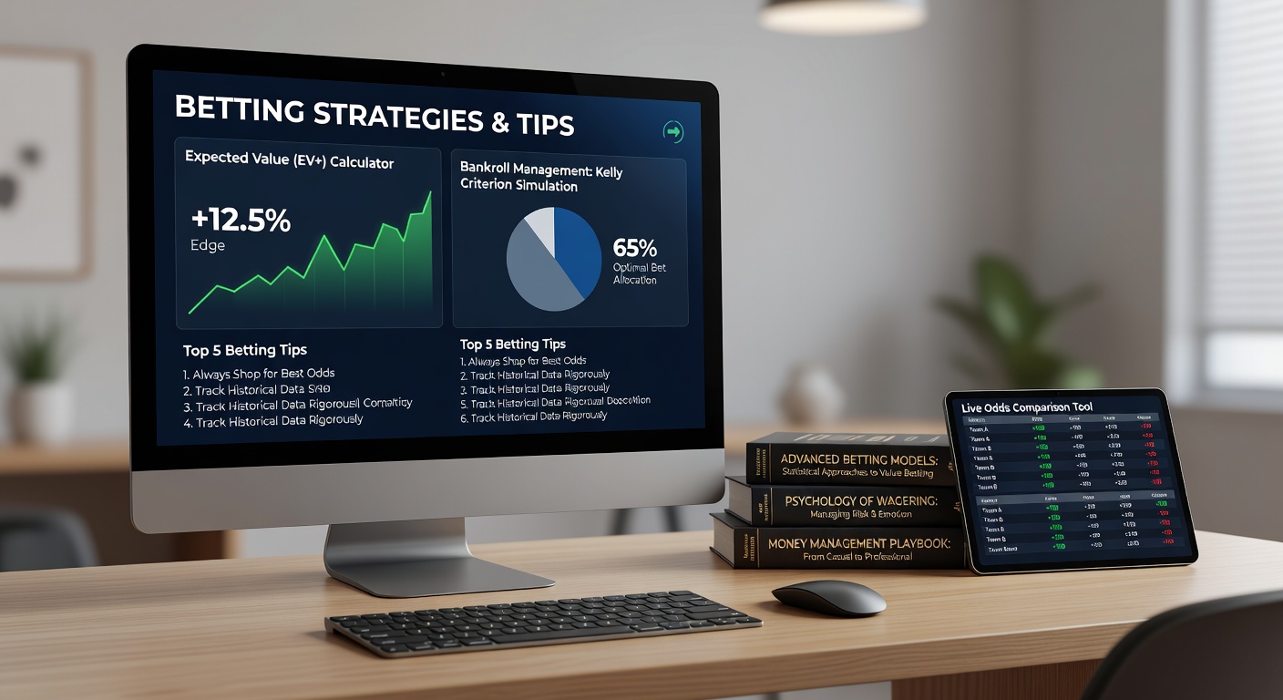 Group of bettors discussing strategies around a table with laptops and betting slips, capturing collaborative tip-sharing