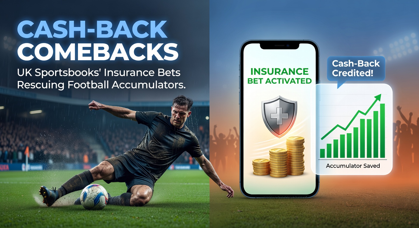 Graphic showing a football accumulator bet with one leg failing but cash-back insurance activating a comeback payout