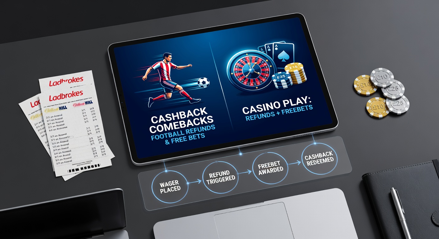 Graphic showing cashback icons merging with free bet tokens on a football pitch and casino table background