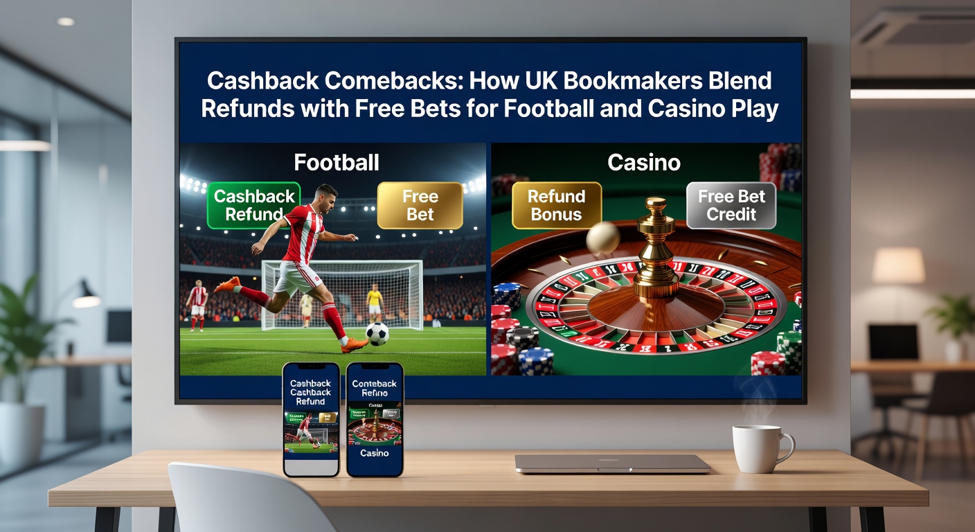 Illustration of a punter receiving cashback coins and free bet vouchers amid football goals and casino slot reels