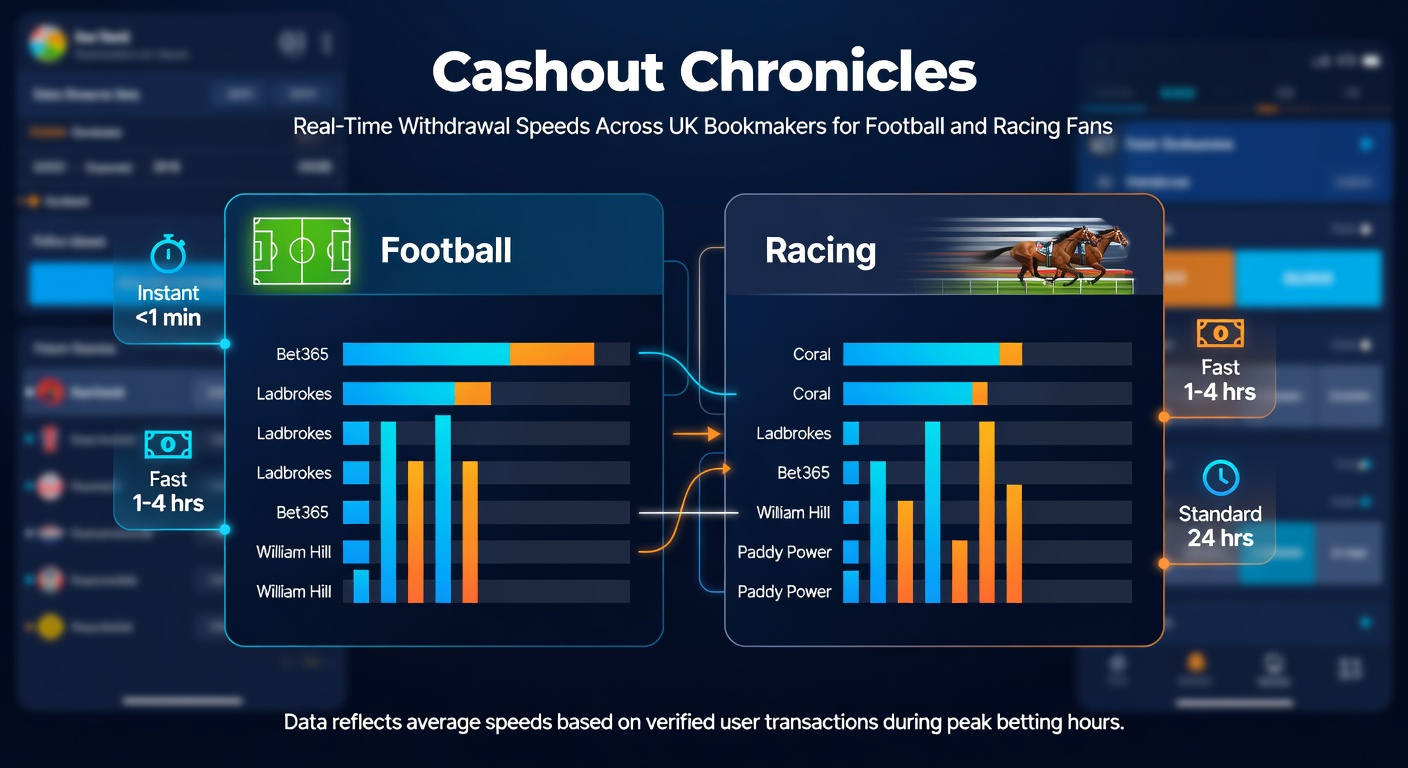 Comparison chart of clocks beside bookmaker logos, highlighting withdrawal speed leaders for UK football and racing bets