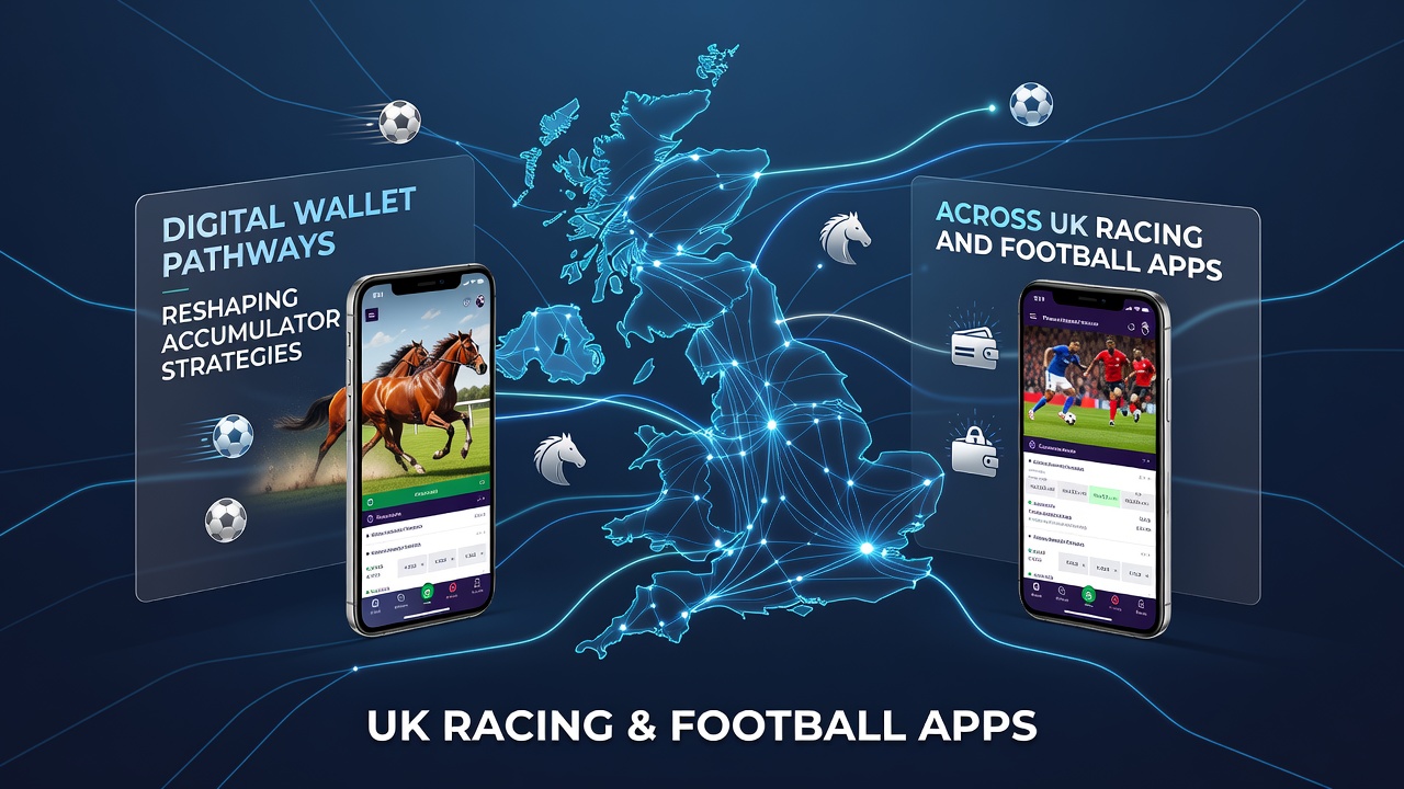 Digital wallet interface displayed on a mobile betting app showing accumulator options for UK football and horse racing