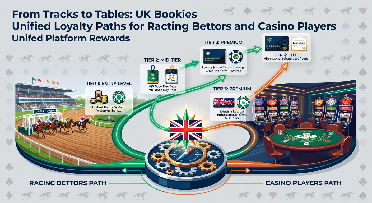 Illustration of a loyalty card bridging a horse racing track and a casino gaming floor, with reward points flowing bidirectionally