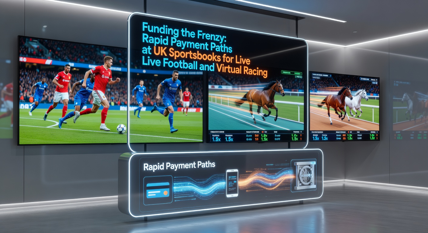 Digital graphic showing lightning-fast payment icons overlaying a live football match and virtual horse race track, highlighting speed in UK betting apps
