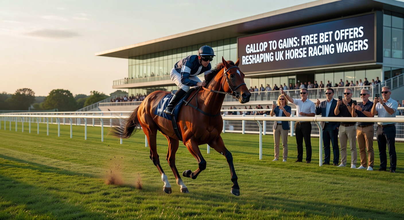 Horse racing scene at a UK track with punters placing bets on mobile devices amid a crowd cheering a galloping field of thoroughbreds