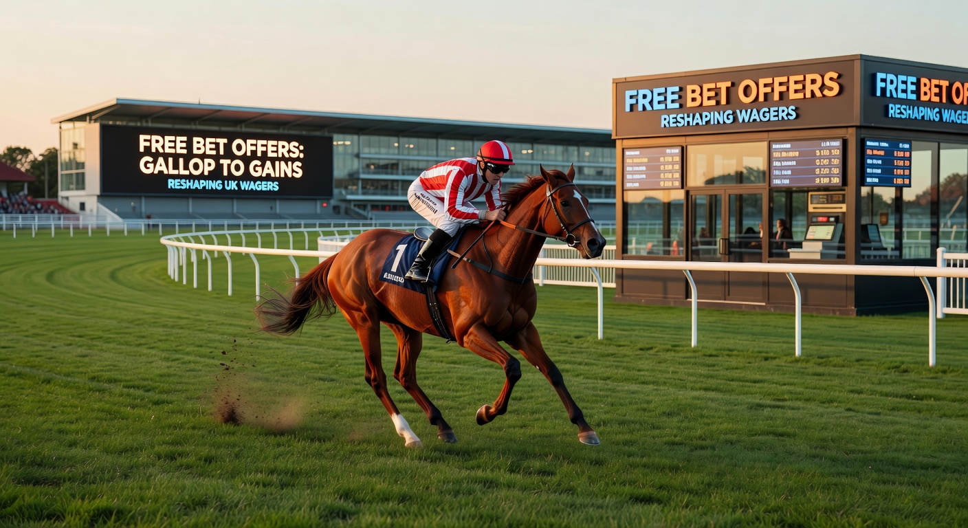 Close-up of a bookmaker's app displaying a free bet offer for an upcoming UK horse race, with odds boards and a thumbs-up claim button highlighted