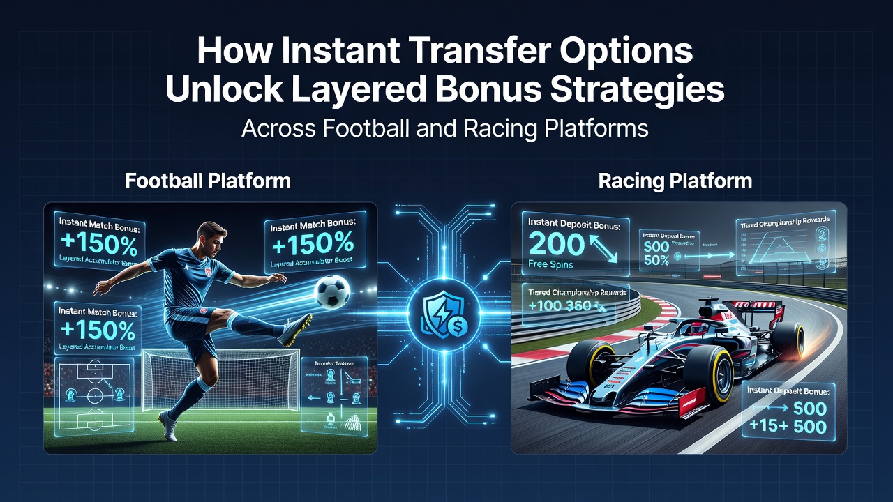 Illustration showing instant transfer flows between football and racing betting platforms with layered bonus icons