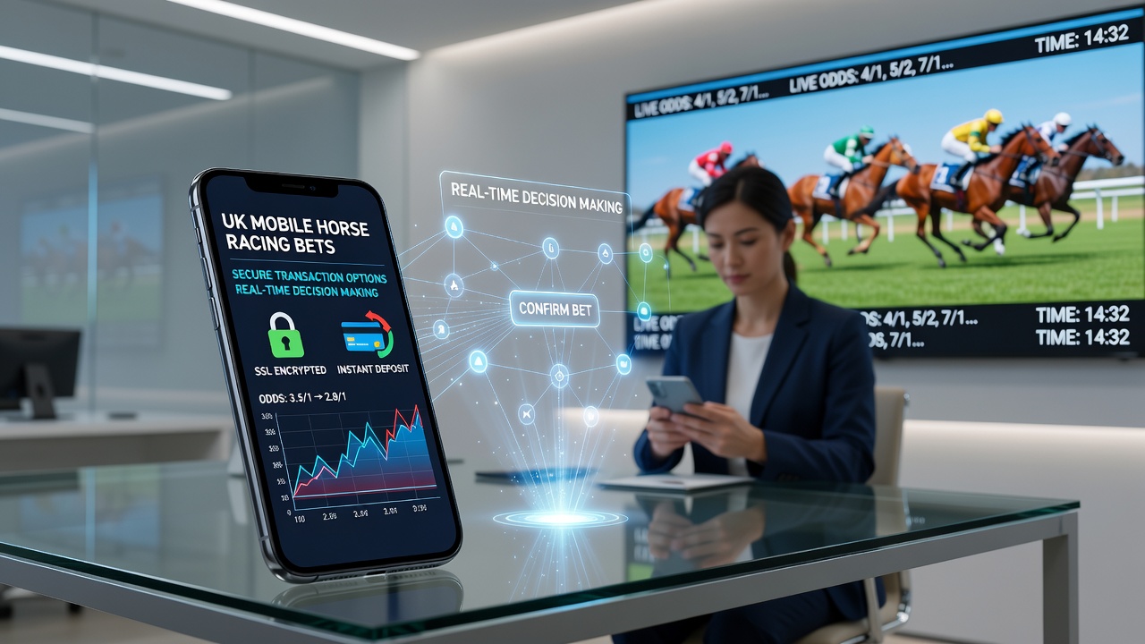 Mobile phone displaying horse racing betting app with secure payment options highlighted