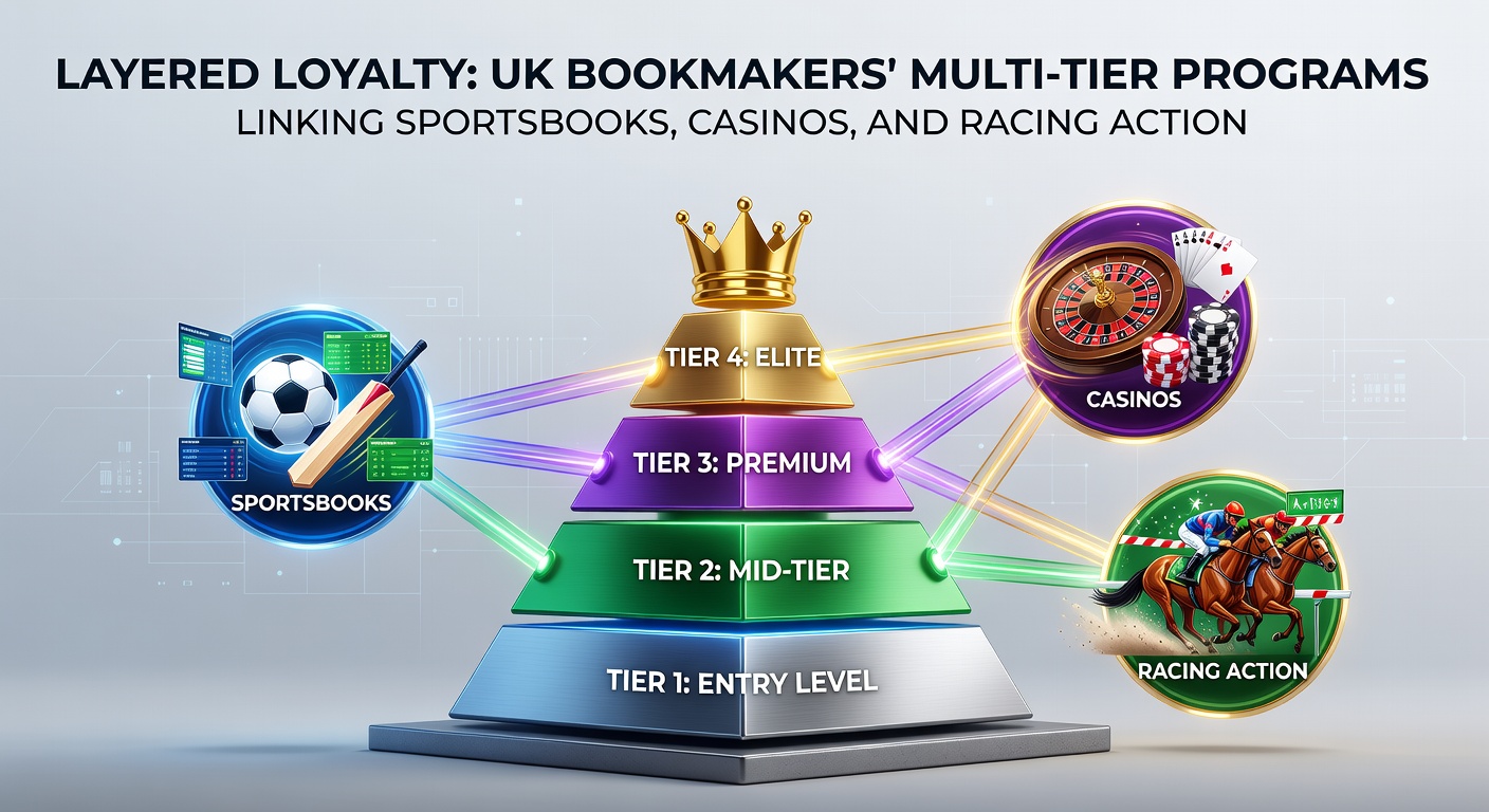 UK bookmaker loyalty tiers displayed on a mobile app, showing points accumulation across sports betting, casino games, and horse racing markets