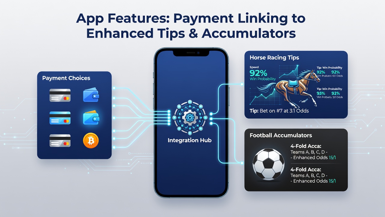 Mobile app interface showing payment options linked to betting features for horse racing and football