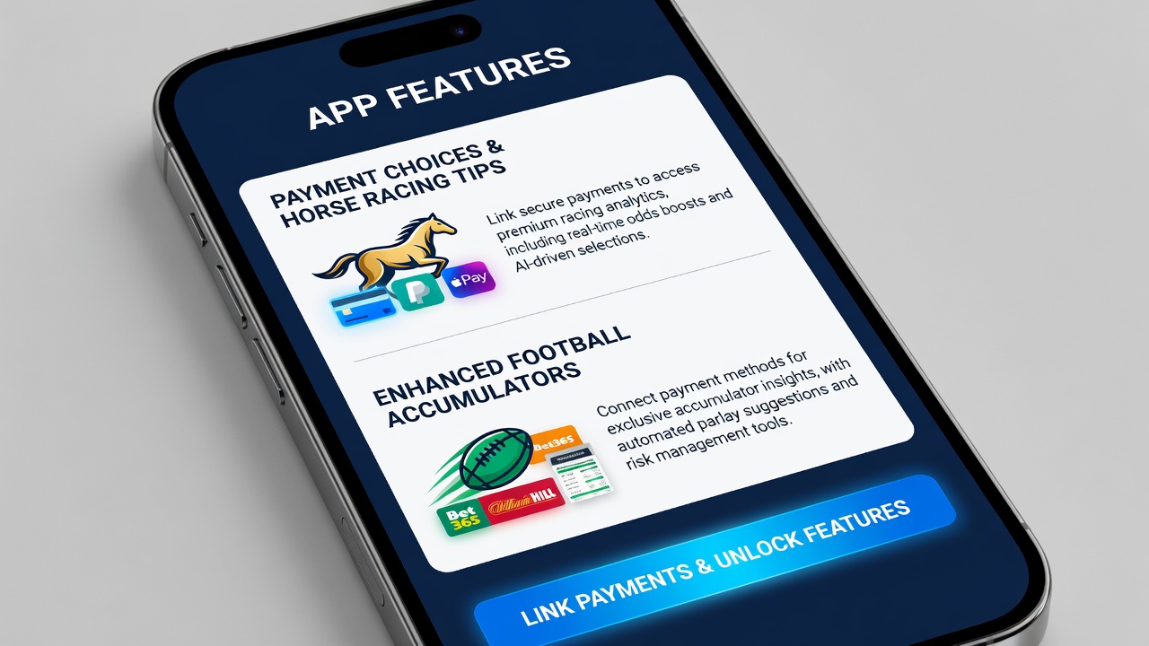 Football accumulator builder screen with payment integration highlights