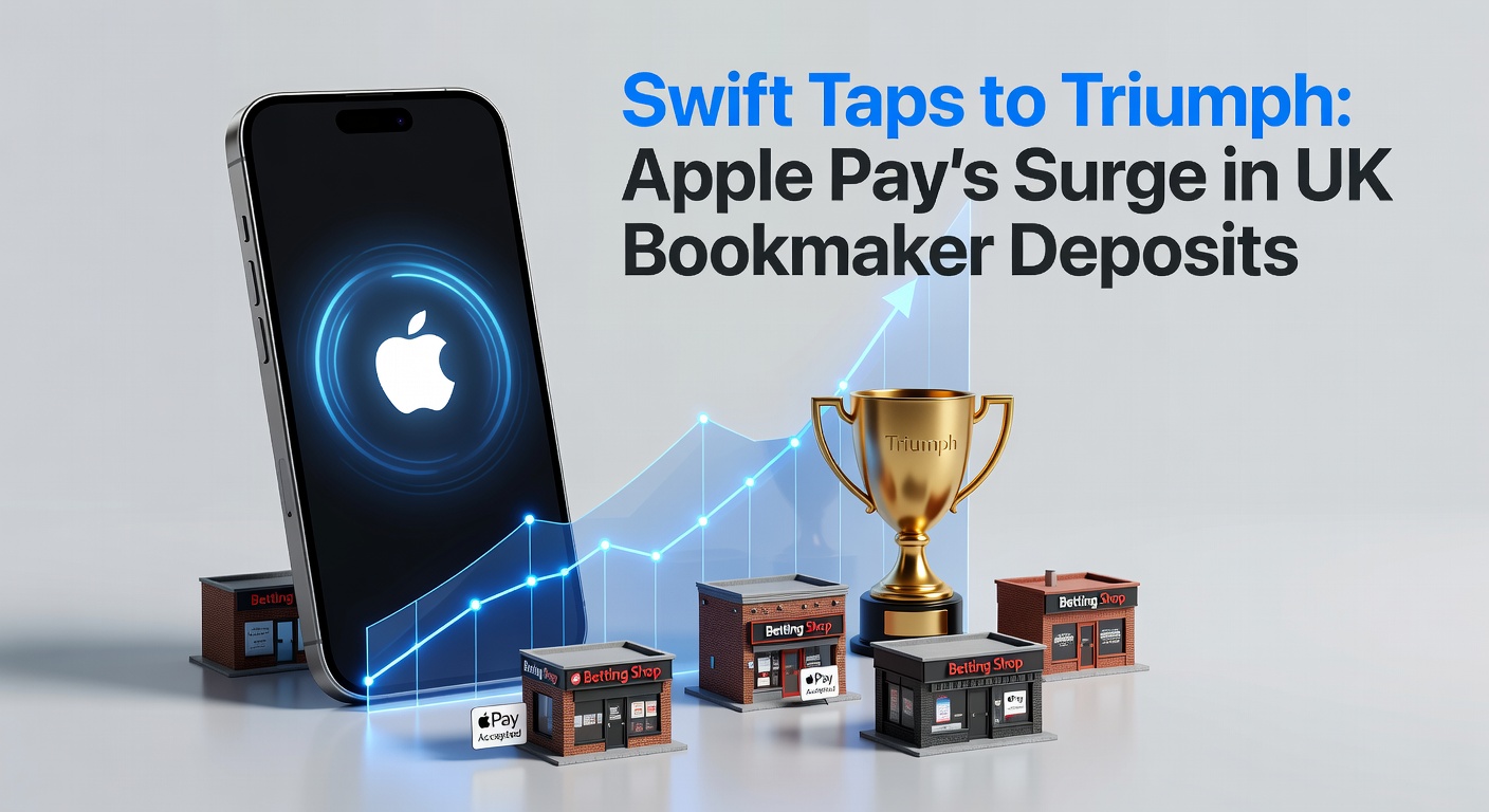 A close-up of a smartphone displaying Apple Pay being tapped on a contactless terminal, symbolizing quick deposits into betting apps amid a blurred background of horse racing odds