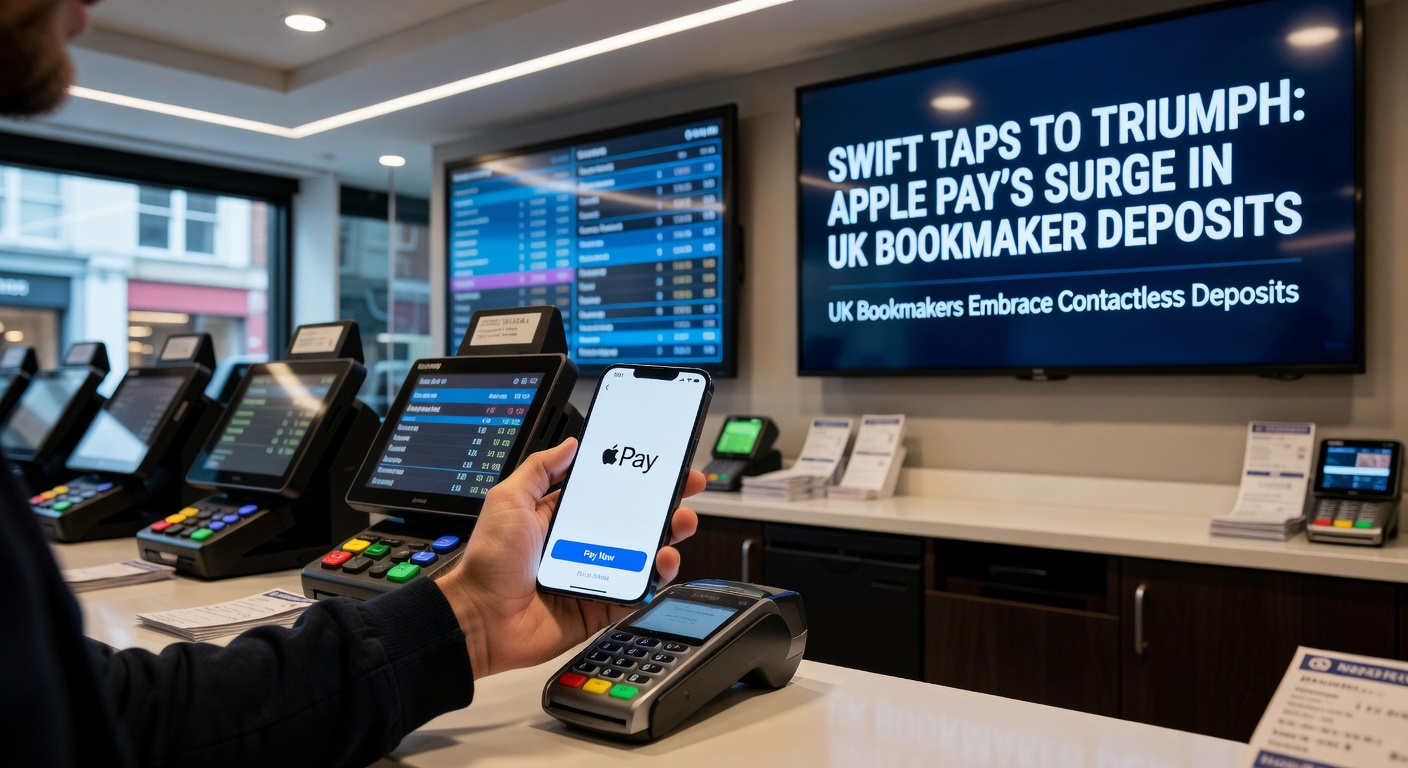 Graph illustrating the year-over-year growth of Apple Pay deposits in UK betting platforms, with bars climbing sharply from 2024 to 2026 against a backdrop of mobile betting icons