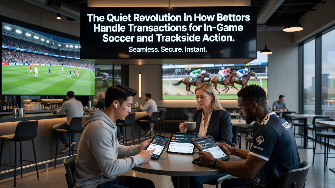 Trackside bettors completing transactions via mobile apps during live horse racing events