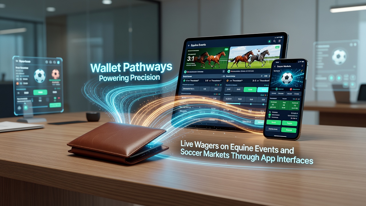Mobile app interface displaying integrated digital wallet options for live equine and soccer betting transactions